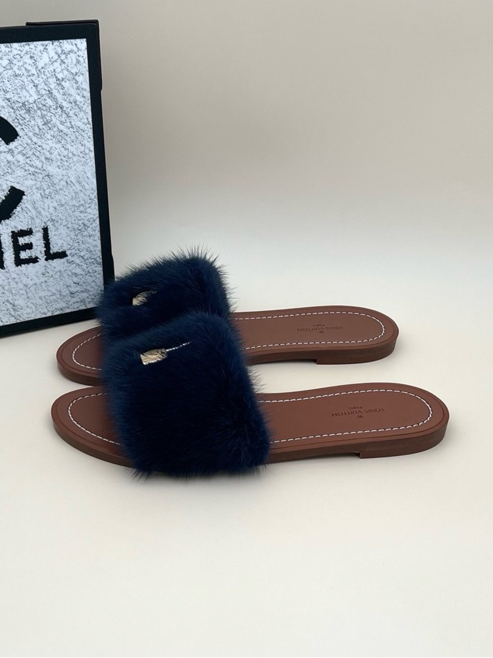 Louis Vuitton Navy Faux Fur Slide Sandals with Brown Footbed